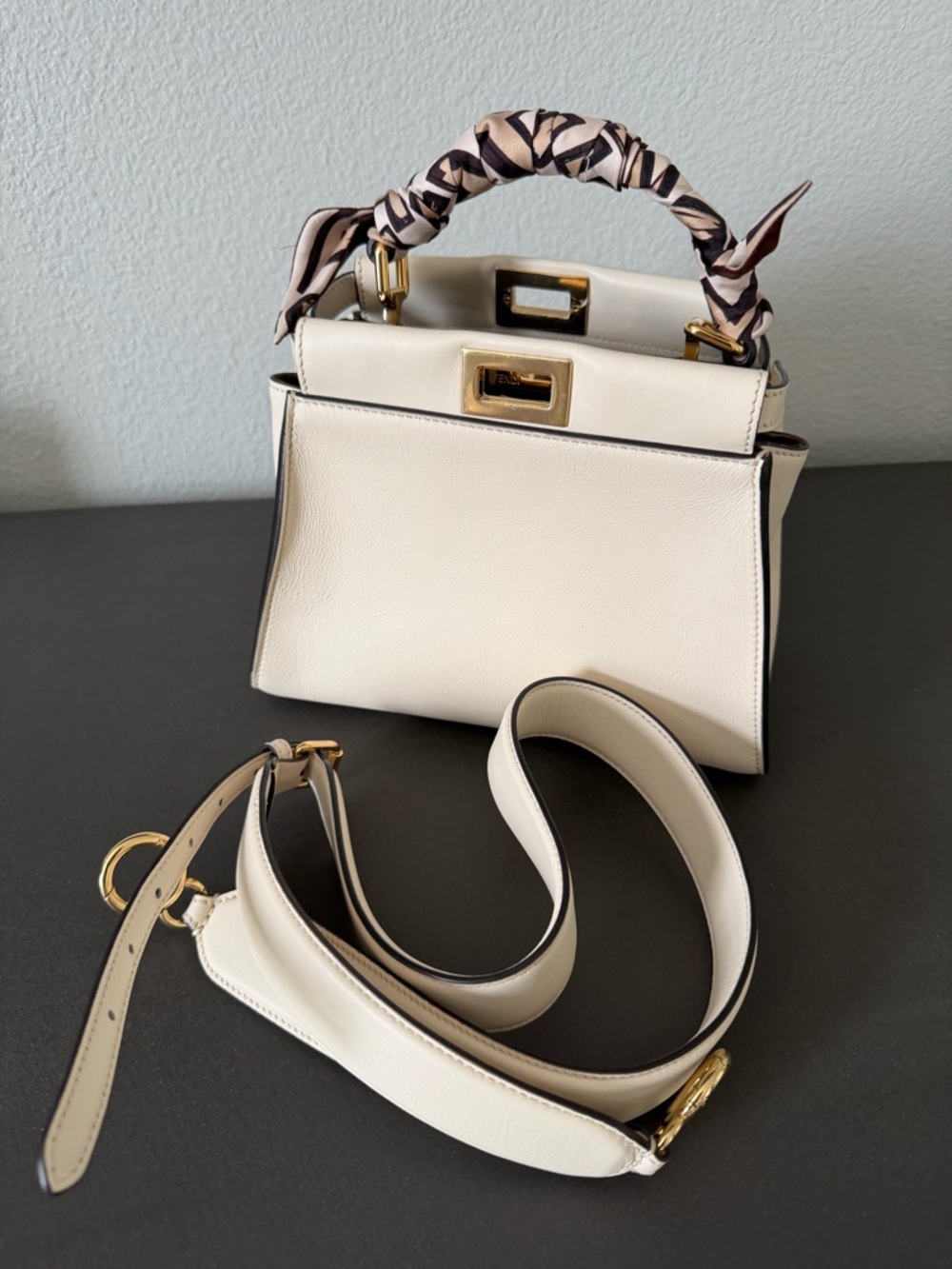 Fendi Leather Peekaboo Cream/Brown with Gold Hardware